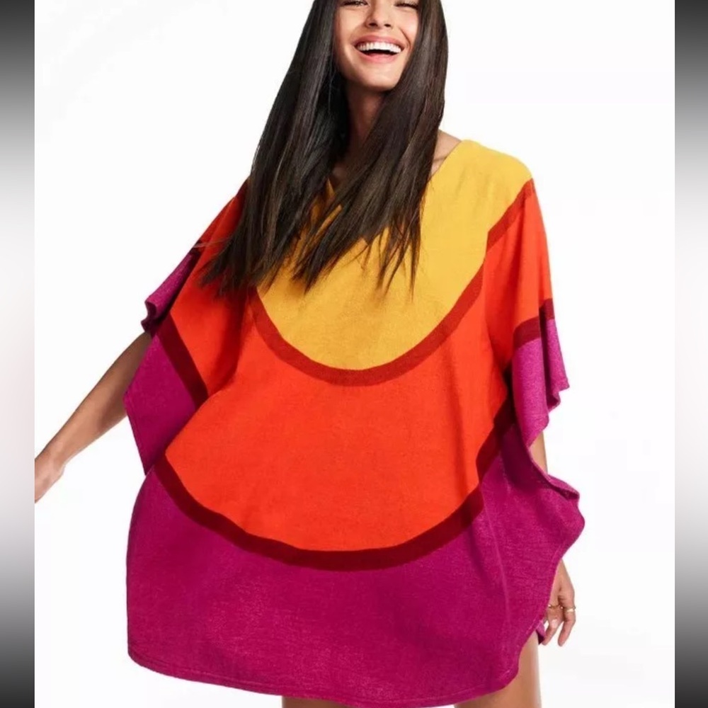 Marimekko striped poncho terry coverup s/m pink orange gold Melooni print